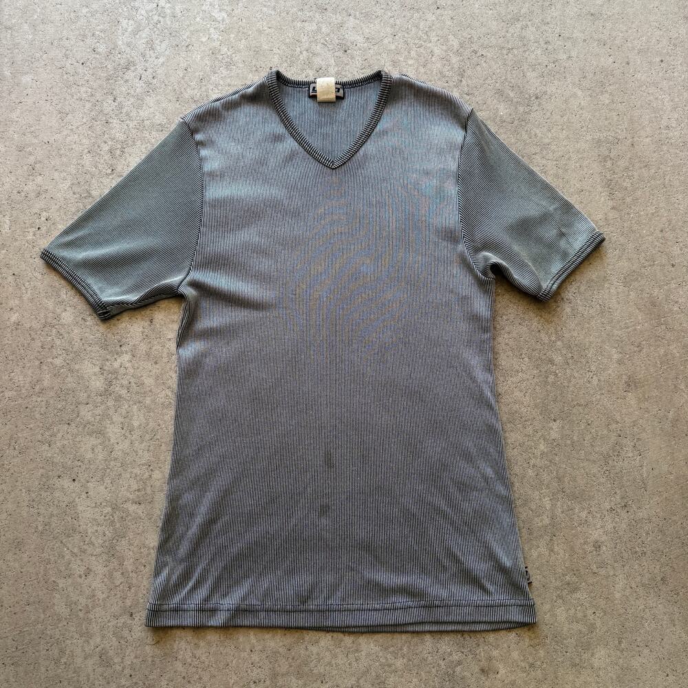 Men's Vintage 90's YMLA Silver Black Stretch Shinny Ribbed V-Neck Tee Shirt Sz L